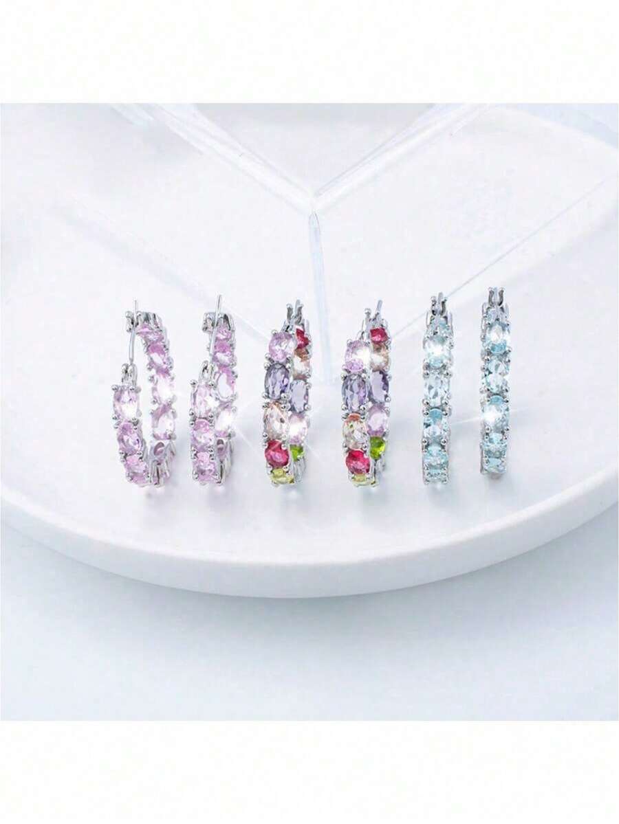 These Minimalist And Elegant 925 Sterling Silver Earrings, Featuring Cubic Zirconia Gemstones In A Geometric Square Design, Are Perfect For Wearing At Banquets, Weddings, And Parties. - Pink - View 1