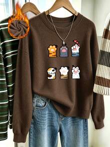 Plus-Size Women's Casual Round Neck Faux Knit Sweater, Cute Cat Paw Print, Fashionable And Versatile Women's Top For Autumn And Winter Commuting. - Brown - View 9
