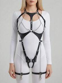1 Set Women's Black Bondage Harness With Integrated Leg Garter Straps And Chain Decor, Suitable For Carnival, Festival, Party, Club, Performance Costume Accessory - Black - View 2