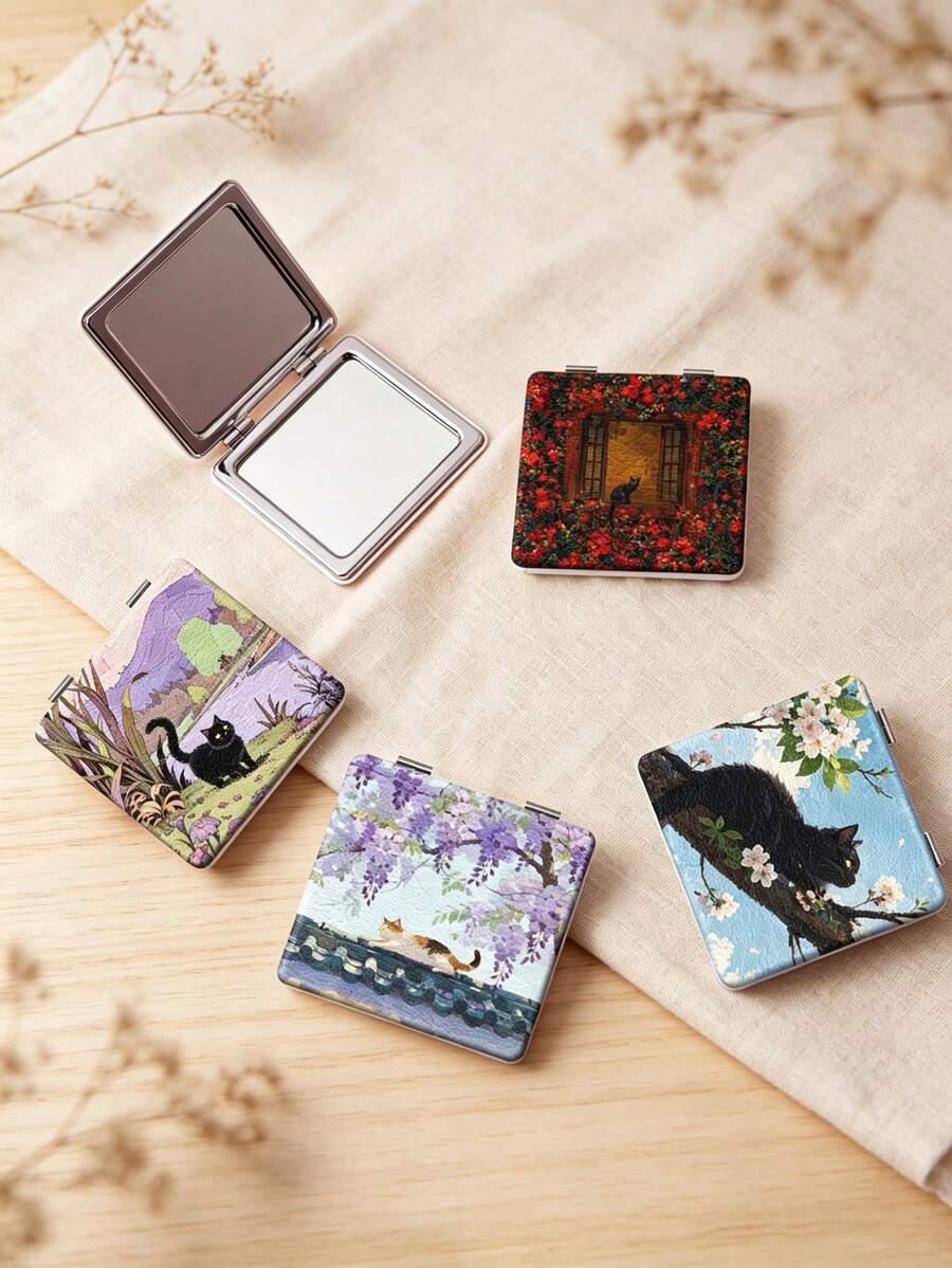 1PC Ins Cat Pet Series Portable Vanity Mirror, Foldable Lightweight Ultra-Thin Convenient Hand Mirror, PU Leather, Suitable For Multiple Scenarios And All People, Foldable Small Square Mirror, Pocket Mirror, Fresh Cat And Flower Print Design, Exquisite Handheld 180° Flip Cover Multi-Function Mini Mirror, Compact Mirror, Mirrors, Daily, Holiday, Birthday, Valentine's Day, Mother's Day, Small Bag Companion, Pocket, Can Be Placed Anywhere - Multicolor - View 1