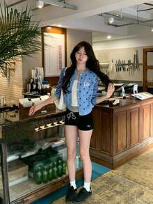 American Style Polka Dot & Striped Knit Cardigan Sweater, Unisex Casual Versatile Short Jacket For Spring/Autumn (Random Polka Dot) - Blue - View 6
