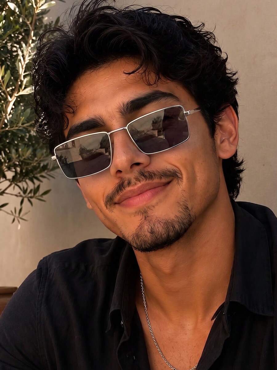 1 Pair Men's Silver Rectangular Minimalist Personalized Hong Kong Style Retro Street Fashion Glasses - Silver - View 1