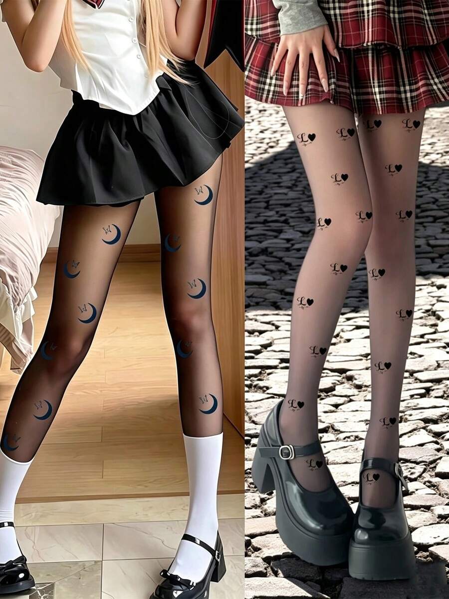 1 Pair Y2K Sweet Cool College Style Printed Sheer Tights, Moon Butterfly Heart Letter Print, Ultra-Sheer, Slimming Pantyhose For JK & Hot Girl Outfits - Black - View 1
