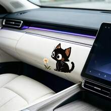 Aesthetic Black Cat Floral Car Rearview Mirror Sticker, Cute Cartoon Animal Vinyl Decal, Easy Install Car Interior Decoration For Vehicle - A - View 6