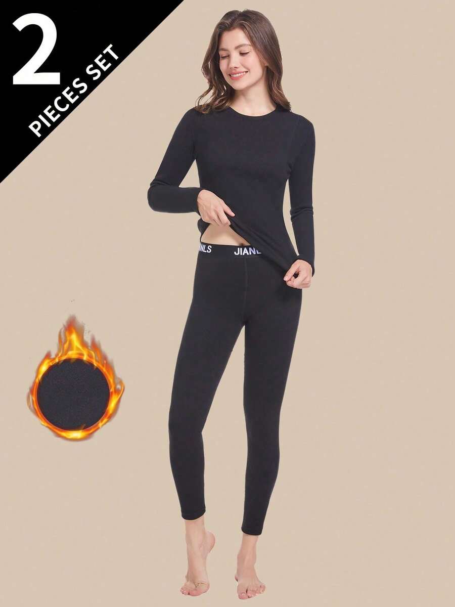 2pcs Women's Thermal Underwear Set, Round Neck Top + Pants, Tight Fit Base Layer For Autumn/Winter - Black - View 1