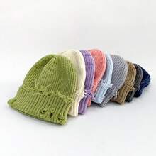 1pc Unisex Warm Windproof Distressed Ripped Knit Beanie (Y2K/Grunge/Street/Hip-Hop Style) - Suitable For Outdoor Sports (Skiing/Cycling) And Daily Casual Wear, Combining Fashion And Comfort, Breathable Chunky Ribbed Knit Design, Simple Solid Color Versatile, Essential Item For Autumn, Winter And Spring - Multicolor - View 4