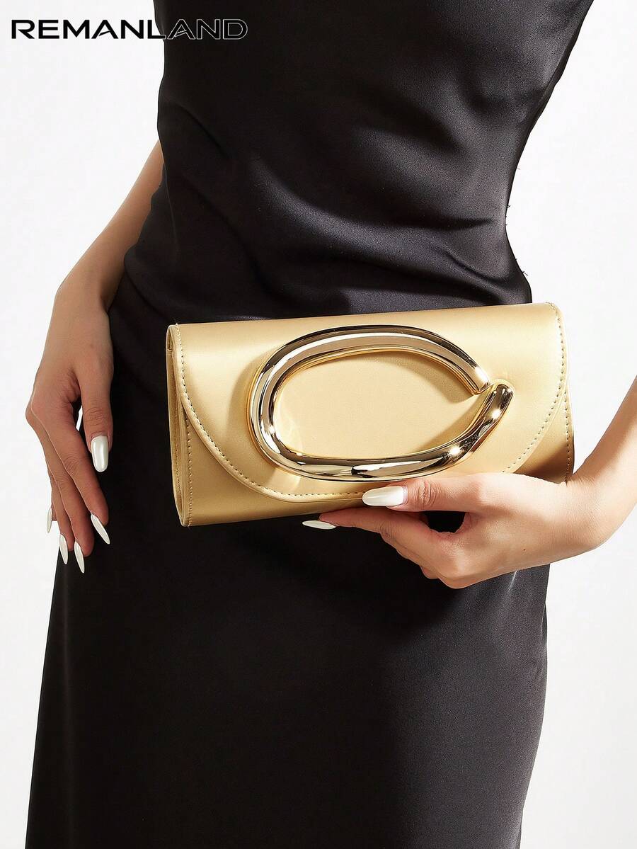 REMANLAND Bolso de mano vintage de unicolor, bolso mini versátil, bolso tote de moda, adecuado para bodas, fiestas, noches, cenas y otras ocasiones - Dorado - Ver 1