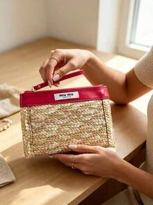 Colorblock Straw Woven Patchwork Makeup Storage Bag With Zipper Wrist Strap, Large Capacity Portable Toiletry Bag, Vacation Style Travel Organizer Pouch For Home And Travel, Birthday Holiday Gift For Best Friend, MIU MIU - Rose Red - View 7
