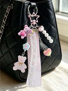 Cute Resin Bear Bag Charm,Lace Ribbon Heart Star Beaded Keychain,Sweet-Style Bag Charm,Aesthetic Backpack Pendant,Girls Sweet Accessory Gift - Multicolor - View 3