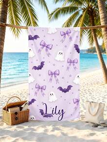Custom Name Purple Ghost Bow Bat Beach Towel, Cute Halloween Ghost Bat Ribbon Design, Soft Quick-Dry Single-Sided Towel, Kids Halloween Birthday Gift - Multicolor - View 2