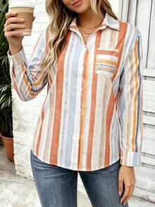 Plus Size Women's Striped Button-Up Collared Shirt - Multicolor - View 1