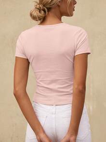Soyun Women's Ruched Yoga T-Shirt With Built-In Bra, Suitable For Sports, Fitness And Yoga, Pink Summer Style - Pink - View 2