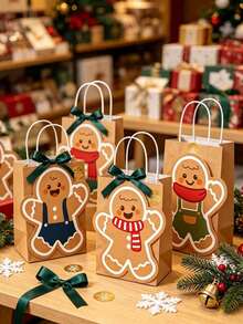 24pcs/Set Christmas Gingerbread Man Gift Bag Set, 12 Hollow Kraft Paper Tote Bags With Handles & 12 Matching Gift Cards, Christmas Party Holiday Gift Packaging Bag Set - Multicolor - View 5