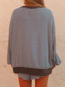 Acelitt Spring/Summer Casual Striped Print Loose Long Sleeve Top & Shorts Set, Waffle Knit Loungewear - Multicolor - View 2