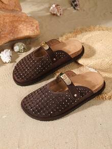 HGUIGJ Summer New Women's Mule Shoes Closed Toe Hollow Lock Design Thick Sole Beach Vacation Casual Style Slip-On Sandals Suitable For Travel Daily Commute - Coffee Brown - View 5