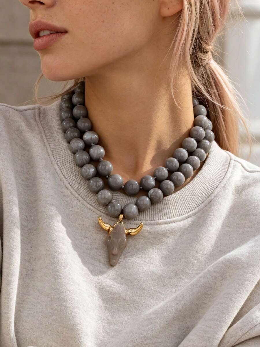 OABE 2pcs/Set Western Cowboy Style Grey Spherical Bead Necklace Set With Grey Bull Head Pendant, Suitable For Women's Daily Wear - Grey - View 1