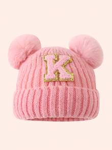 1pc Pink Kids Hat 26 Letters Baby Knitted Cap Boys Girls Warm Beanie Suitable For Outdoor Travel Daily Wear - Pink Gold Logo On Crown - Pink Double Ball Cap - View 55