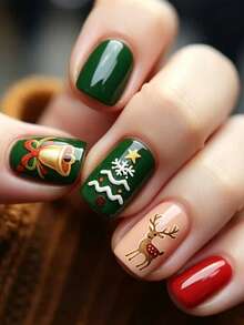24pcs Reusable Christmas Fake Nails, White Snowflake Print Press-On Nails, Full Coverage Fingertip Nail Tips, Suitable For Winter Holiday Party Christmas Party Manicure - Multicolor - View 2