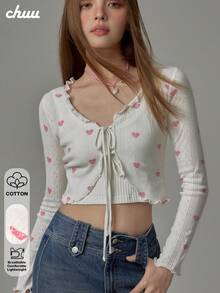 CHUU Letter Heart Print Short Jacket Women Autumn Sweet Cool Ruffle Hollow Tie Top - White - View 1