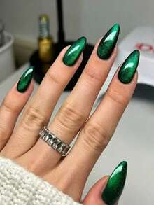 24pcs Long Almond Glossy Press-On Nails, Green Cat Eye Acrylic, Short Almond Nail Design, Perfect Fit, Set Includes: 1 Jelly Glue And 1 Nail File - Green - View 2
