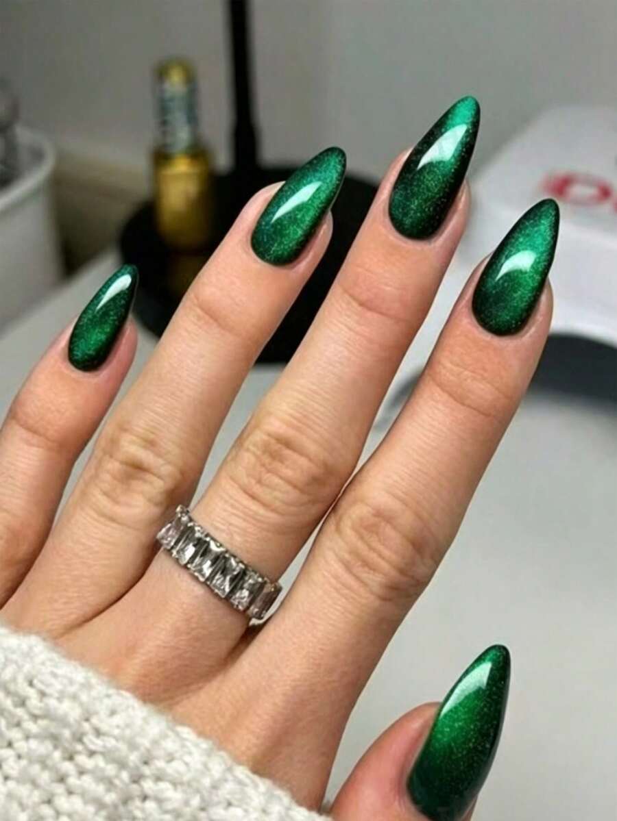 24pcs Long Almond Glossy Press-On Nails, Green Cat Eye Acrylic, Short Almond Nail Design, Perfect Fit, Set Includes: 1 Jelly Glue And 1 Nail File