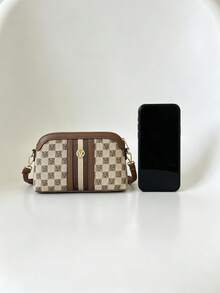 Brown Checkerboard Crossbody Bag For Women Faux Leather Purse With Gold Metal Lock Adjustable Strap Zip Closure - Multicolor - View 5