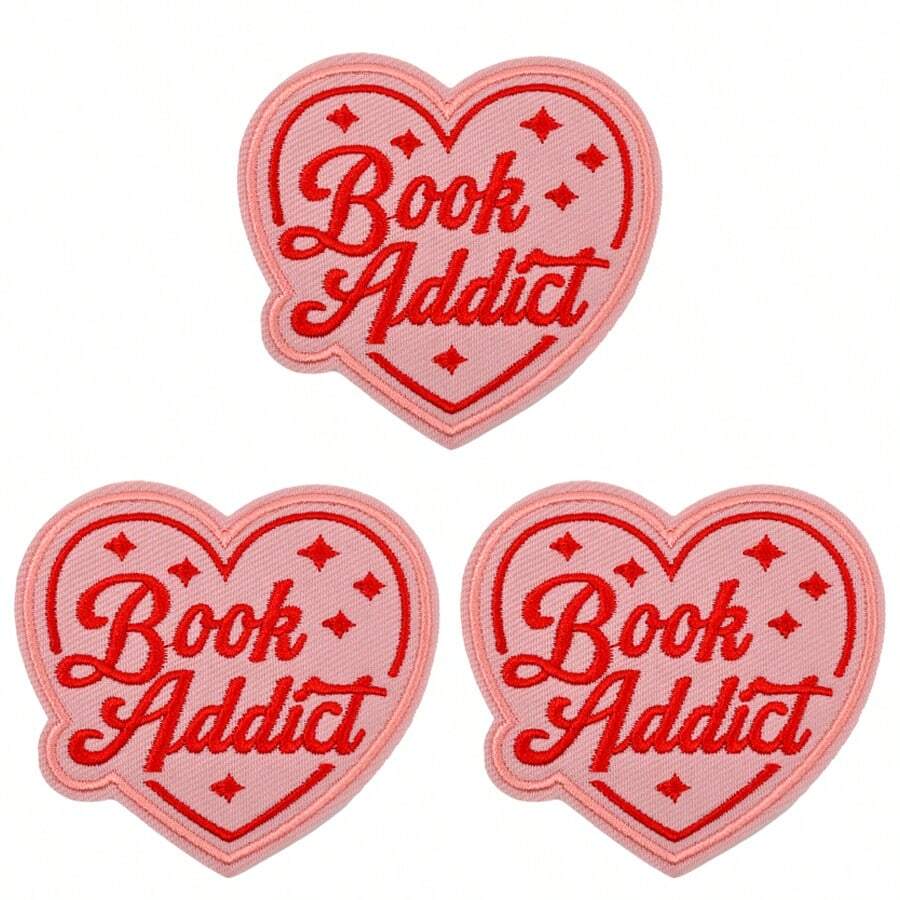 3pcs Heart-Shaped "Book Addict" Embroidered Iron-On Patches For Book Lovers, Suitable For Jeans, Hats, Jackets, Backpacks - Holiday Decoration & Commercial Promotion - Small Business Wholesale Fabric Patches