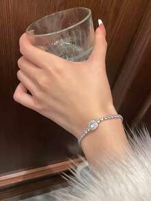 1pc Sparkling Luxury Cubic Zirconia Geometric Copper Alloy Bracelet, Suitable For Women's Party And Gathering - Silver - View 4