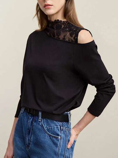 Elegantes Damen-T-Shirt mit Spitzen-Patchwork und Schulterfrei-Design in Unifarbe, vielseitig für Pendeln, Alltag und Dates