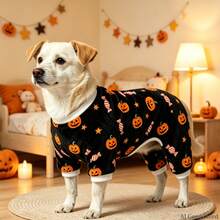Opjoys 1pc Halloween Pumpkin Candy Star Print Dog Jumpsuit, Soft Cute Healing Style Skin-Friendly Knitted Four-Legged Design Round Neck Ribbed Cuff Warm Belly Protection Anti-Shedding Pet Home Wear Spring Autumn Daily - Black - View 6
