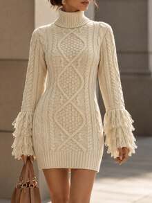 JNQualytrix Women's High Neck Mid-Length Cable Knit Dress, Suitable For Dating, Commuting, Travel, Afternoon Tea And Other Occasions In Autumn/Winter - White Apricot - View 1