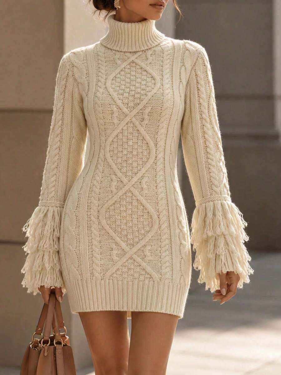 JNQualytrix Women's High Neck Mid-Length Cable Knit Dress, Suitable For Dating, Commuting, Travel, Afternoon Tea And Other Occasions In Autumn/Winter - White Apricot - View 1