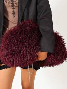 Tas Clutch Awan Wanita Warna Polos Bulu Imitasi Keriting Panjang Penutup Magnet Portabel Gaya Avant-Garde Y2K Cocok Untuk Pesta Kencan Musim Gugur Musim Dingin - Burgundy - View 2