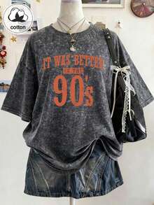 Plus Size Vintage Black Washed Short Sleeve T-Shirt For Women, Loose Fit, Fashion Design, Casual Summer - Black - View 4