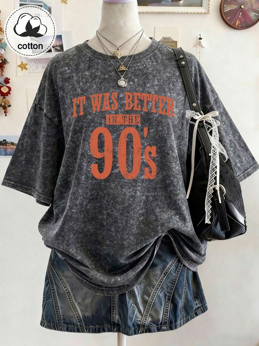 女款大尺碼水洗T恤,印有懷舊標語「IT WAS BETTER IN THE 90'S」與做舊復古字體,百搭風格 - 黑色 - 查看 1