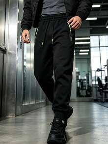 Men's Sports Long Pants With Zipper Pockets, Outdoor Casual Sweatpants, Fashionable Versatile Spring/Autumn Cuffed Knit Joggers - Black - View 2