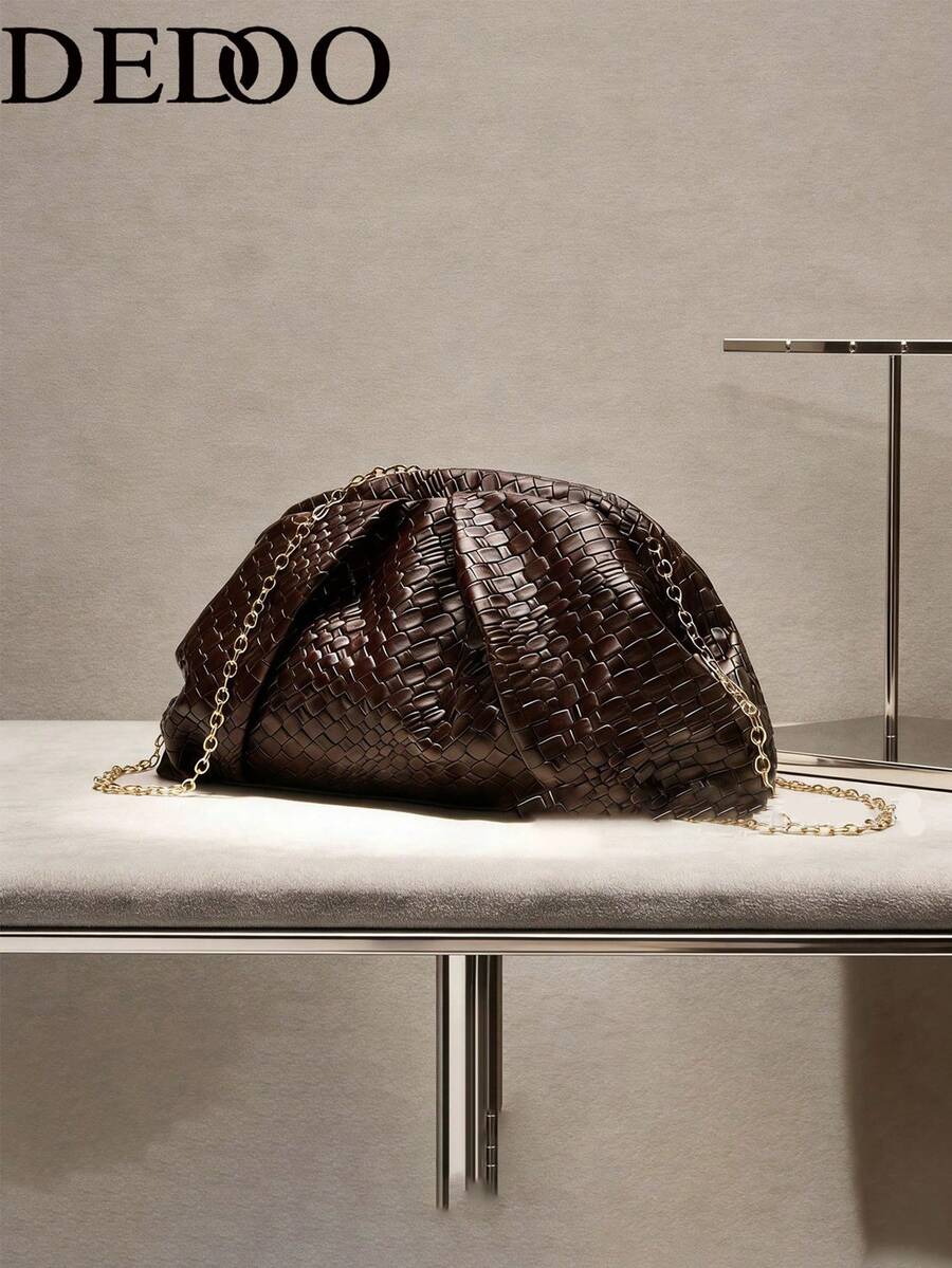 Dedoo Women's Woven Texture Clutch, PU Leather, Pleated Large Capacity Elegant Handbag, Suitable For Party And Evening Events - Coffee - View 1