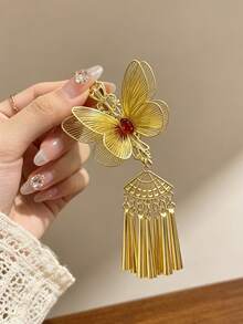1pc Luxury 3D Metal Butterfly Wing Hair Clip With Ruby Pendant And Tassel, Women's Headpiece For Wedding And Banquet - Multicolor - View 2