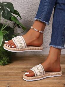 1 Pair Women's Flat Sandals, Bohemian Woven Strap Slides, Vacation Thick Sole Slippers - Beige - View 2