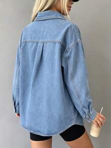 Women's Casual Loose Denim Shirt Jacket With Pockets - Medium Wash - View 11