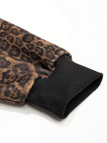 Lurzo Teen Boys Autumn/Winter Thick Lined Leopard Print Leather Collar Aviator Jacket, Ribbed Cuffs Zipper Jacket, Y2K Street Style, Suitable For Daily Outdoor Wear - Brown - View 9