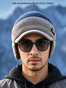 Men's Winter Knit Hat | Color Block Hat With Ear Flaps - Street Style, Slight Stretch, With Sun Visor - Warm Hat Suitable For Outdoor Travel - Hat - View 7