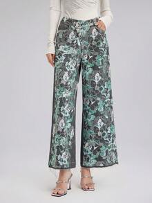 Rich Radi Q's Women's Elegant Gray Denim Wide Leg Pants, Front Decorated With Green Jacquard Floral, Frayed Hem Cropped Pants - Grey - View 9