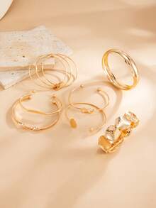 7件組復古誇張時尚奢華幾何設計金屬金色手鍊組，可調節開口式手鐲、可疊戴彈性串珠手鍊，適合女性日常配戴與送禮 - 金黃色 - 查看 5