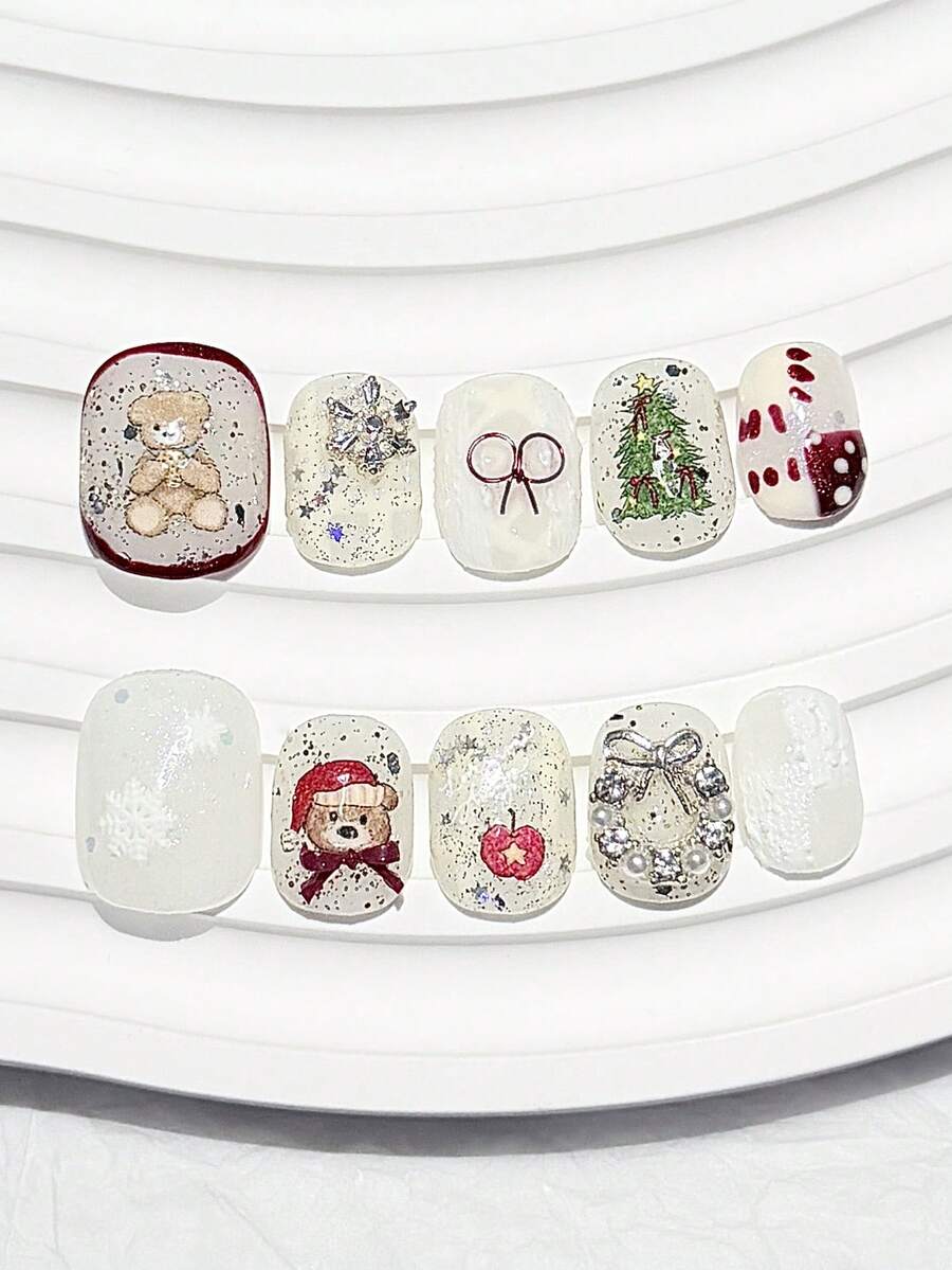 10片裝聖誕卡通可愛熊格紋聖誕樹雪花亮片短圓形可重複使用假指甲美甲用品(含1片果凍貼+1片指甲锉) - 彩色 - 查看 1