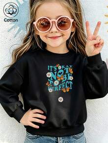 Kids Casual Crewneck Sweatshirt With Letter Print, Daisy & Butterfly Motifs, Long Sleeve Pullover For Spring Autumn Daily Wear - Black - View 9