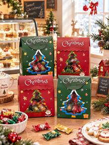 5pcs/15pcs/30pcs Ins‑Style Christmas Tree Window Handle Gift Boxes, Contrast Color Print, Candy Cookie New Year Gathering Festive Gift Boxes - View 1