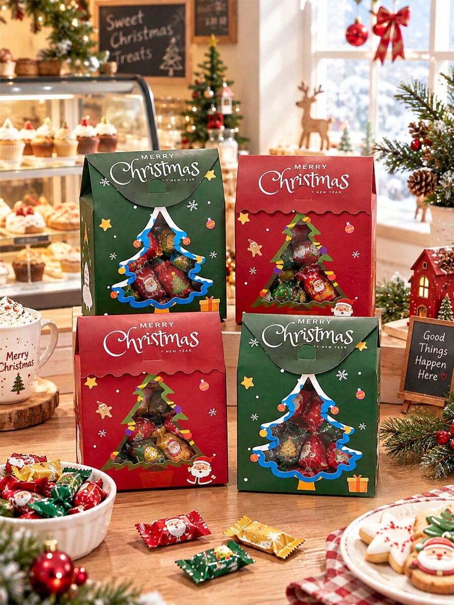 5pcs/15pcs/30pcs Ins‑Style Christmas Tree Window Handle Gift Boxes, Contrast Color Print, Candy Cookie New Year Gathering Festive Gift Boxes - View 1