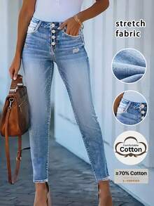 Elastic Button Up Women's Skinny Casual Denim Pants Spring Fall - Light Wash - View 2