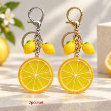 1pc/2pcs Unisex Half-Cut Lemon Resin Pendant, Realistic Lemon Slice Charm Keychain, Fresh Bag Accessory - Multicolor - View 2
